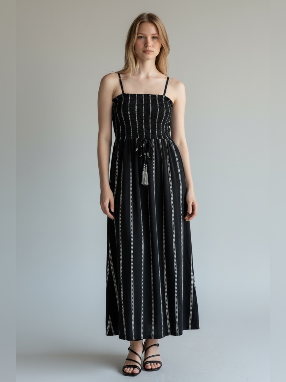 Tribal Jeans Black White Striped Smocked Midi Dress Tassel Drawstring P/S